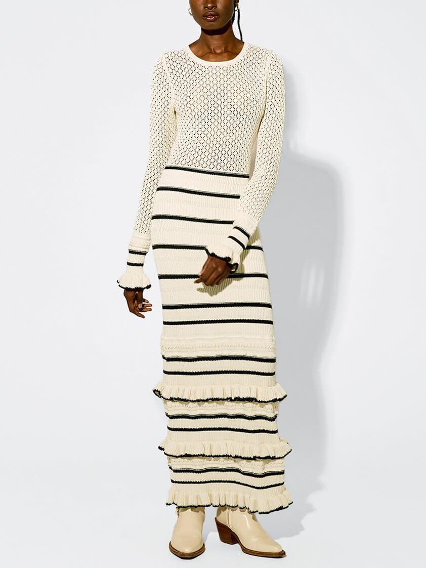 Long Sleeve Maxi Dress with Knit Stripe and Ruffle Details