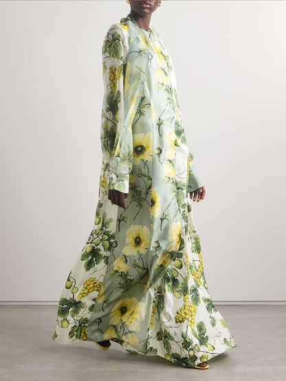 Elegant Floral and Fruit Print Maxi Dress