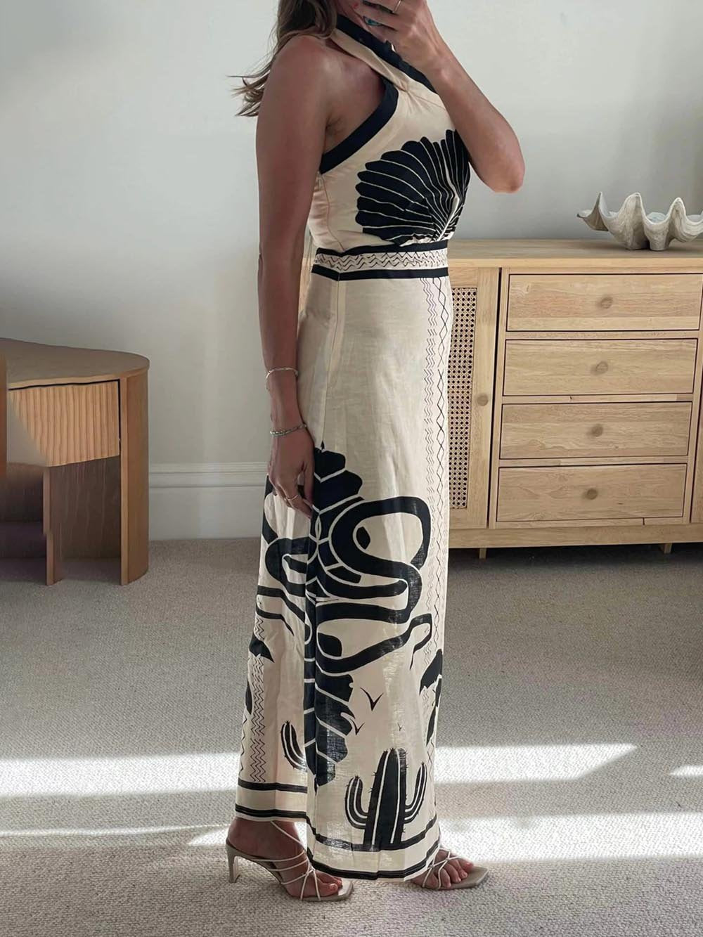 Sleek and Chic Ethnic Print Halter Neck Maxi Dress