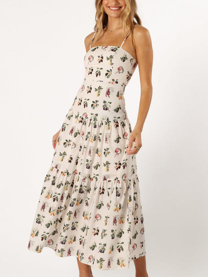Floral Print Midi Dress with Fruit Accents