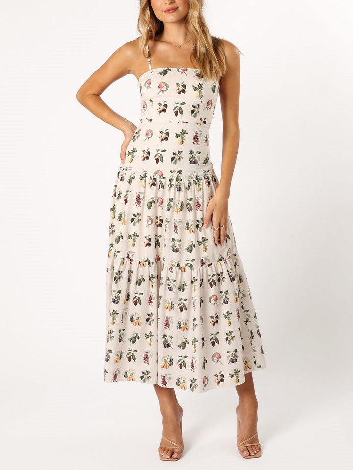 Floral Print Midi Dress with Fruit Accents