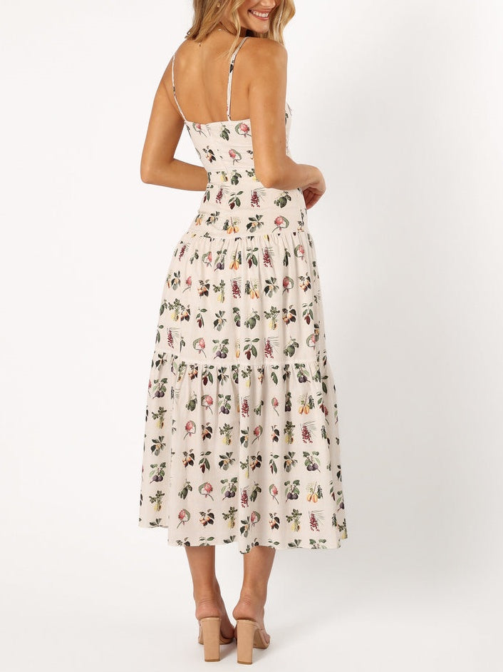 Floral Print Midi Dress with Fruit Accents